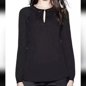 Tory Burch Natasha Beaded Top Medium Solid Black Embroidered 100% Silk
